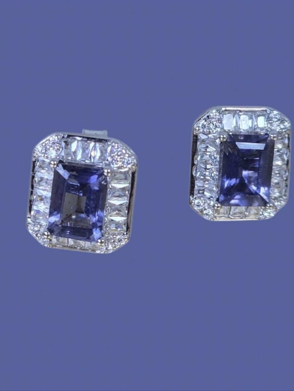 925 Sterling Silver Earrings With Natural Iolite 7x5mm Gem & Cz